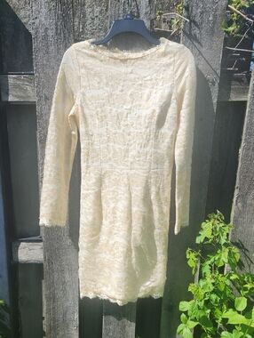 Cream Champagne Lace Long Sleeve Shift Sheath Dress Sz XL